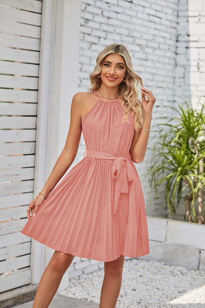 Halter Strapless Dress - Solid Color Sundress With Pleated Skirt For Summer Beach