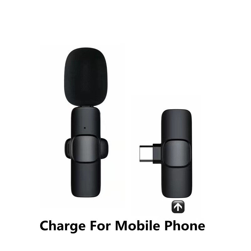 Compact black wireless microphone with USB-C adapter for mobile phone charging
