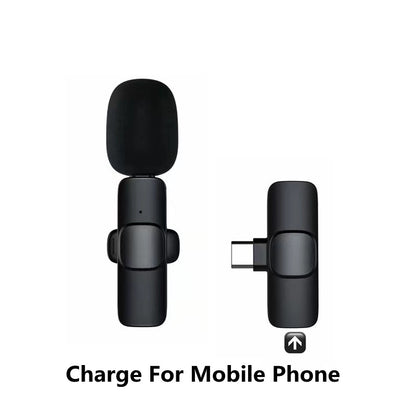 Compact black wireless microphone with USB-C adapter for mobile phone charging