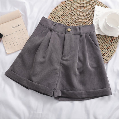 Wide-Leg Casual Shorts - High Waist Roll-Up Cotton Shorts for Women