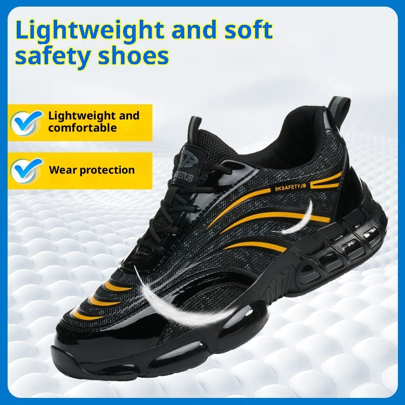 Black and yellow lightweight, soft safety shoe with breathable mesh and cushioned sole