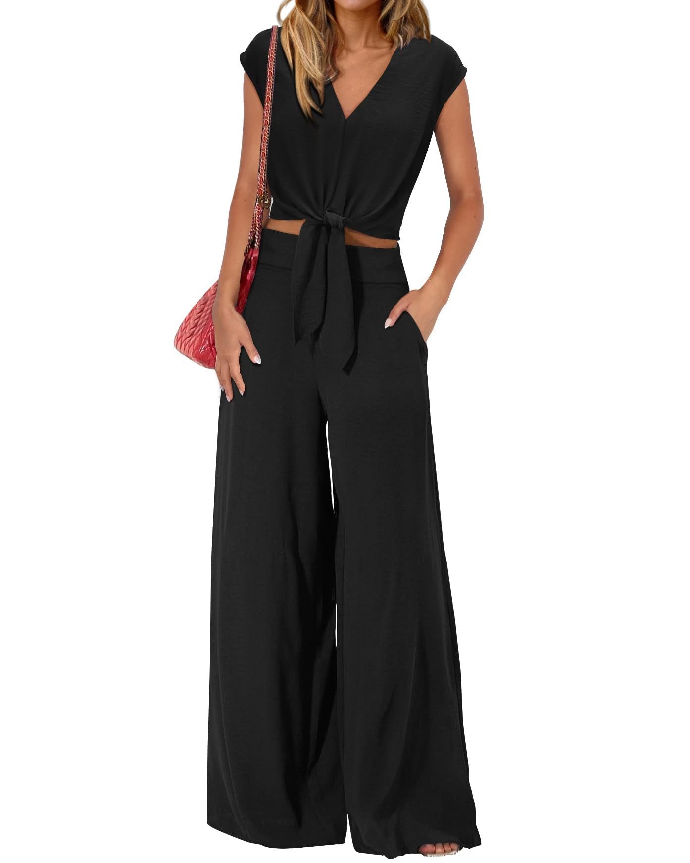 Women's 2-Piece Set | Sleeveless Crop Top & Polyester Pants | Trendy Pocket Detail