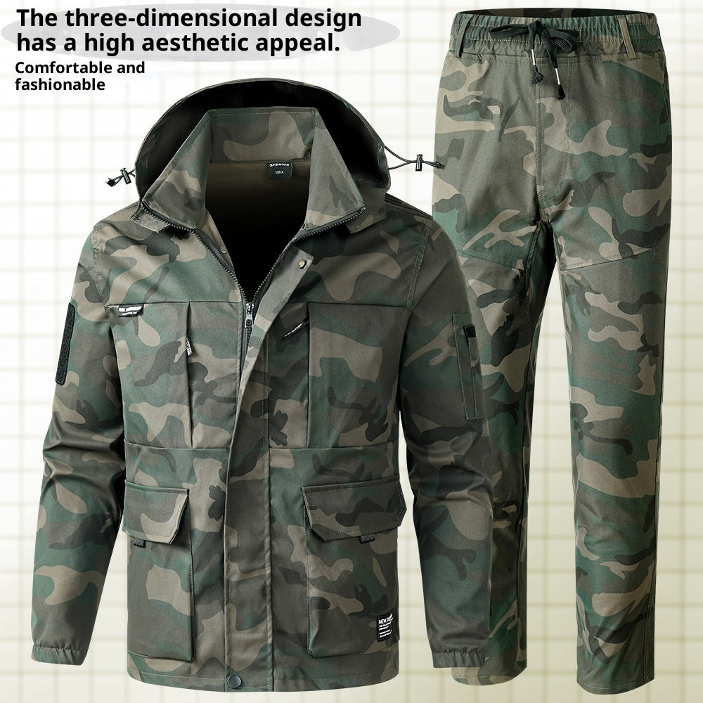 Men's camouflage jacket and pants set with multi-pocket design, adjustable hood, and elastic cuffs