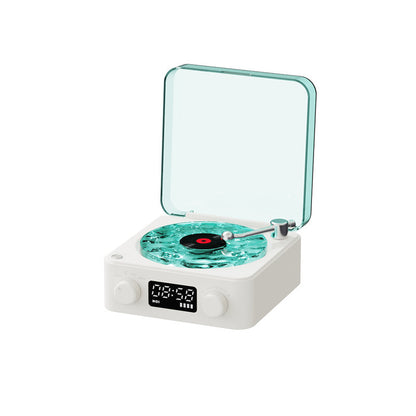 White modern turntable with aqua aqua vinyl record and transparent dust cover open