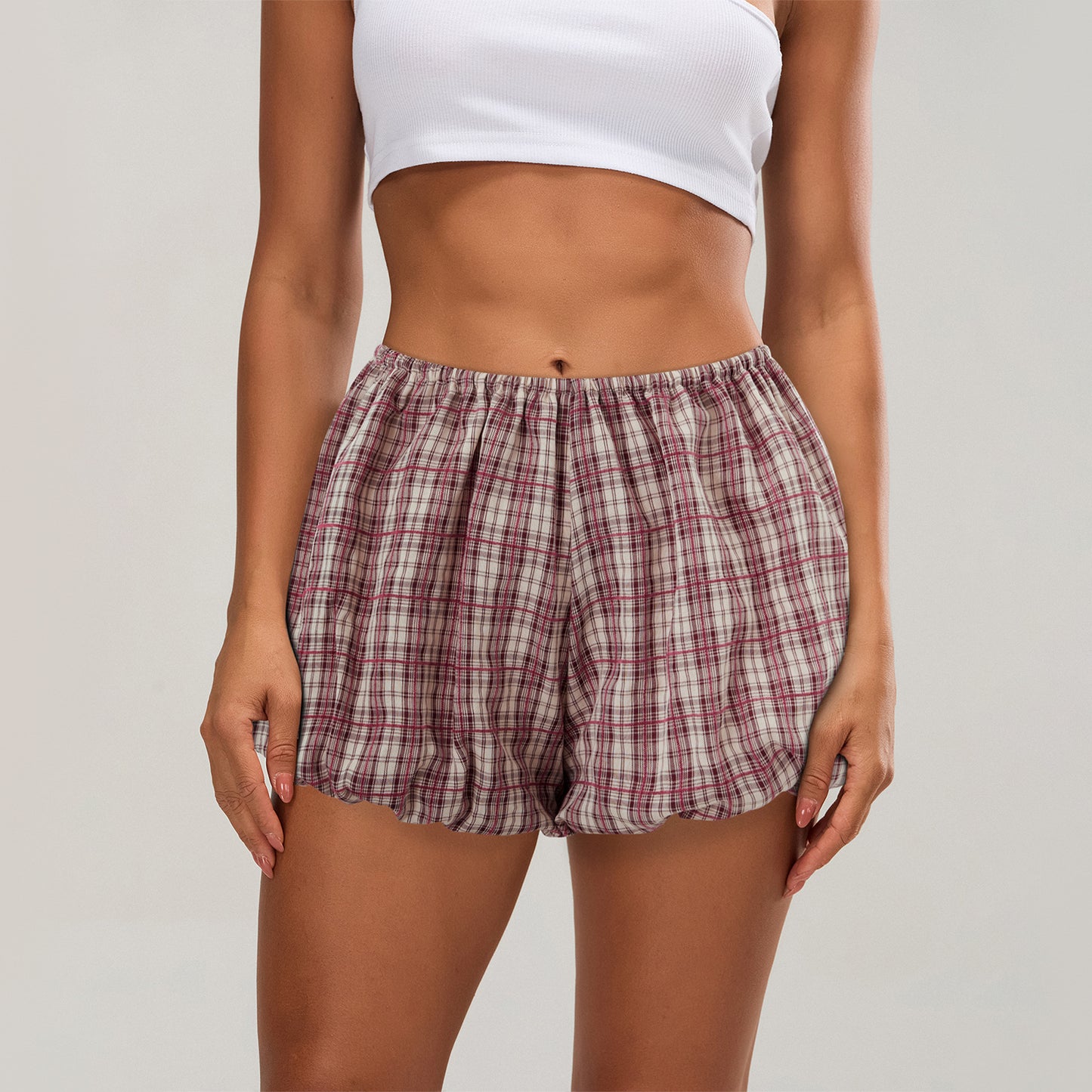 Women's Plaid Shorts - Casual Elastic Waist Summer Bloomers With Fold Detail