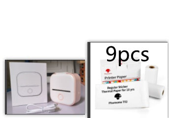 Compact white portable thermal printer with USB cable and 9pcs thermal printer paper rolls and sticker sheets