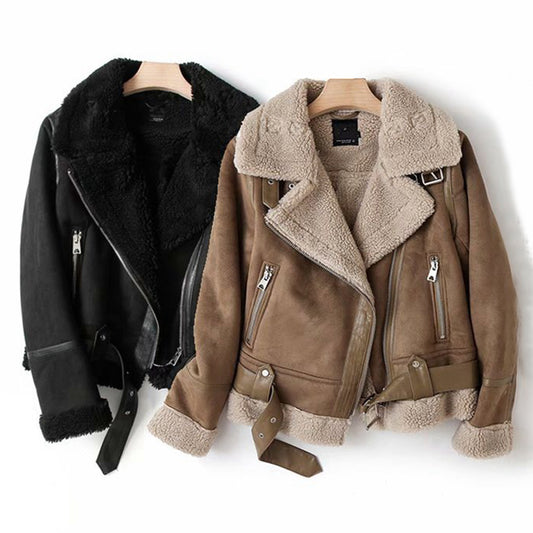 Suede Winter Jacket - Women's Warm Coat With Lamb Wool Motorcycle Outerwear