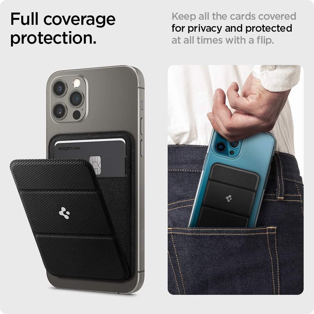 Smartphone with black flip card holder case for full coverage protection and privacy, shown in hand and pocket