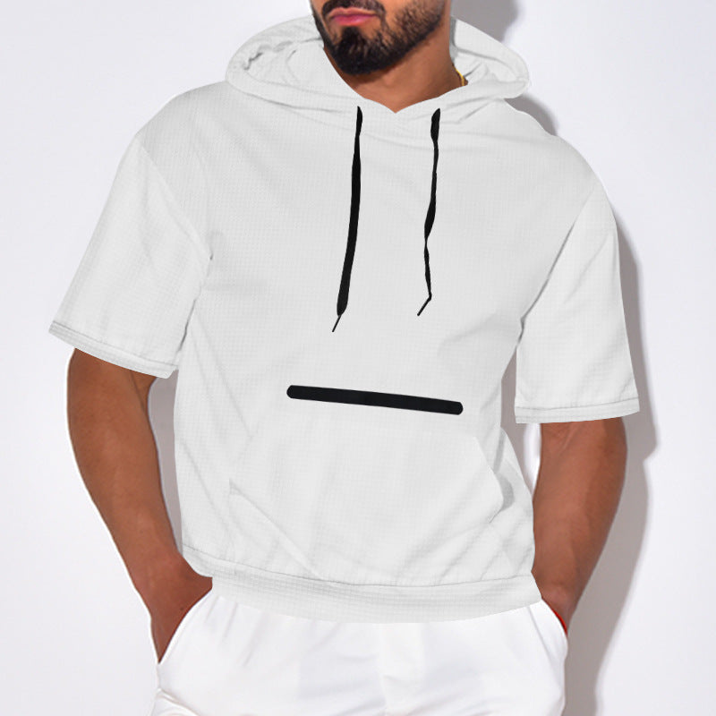 Man wearing white short-sleeve hoodie with black drawstrings and a black horizontal stripe