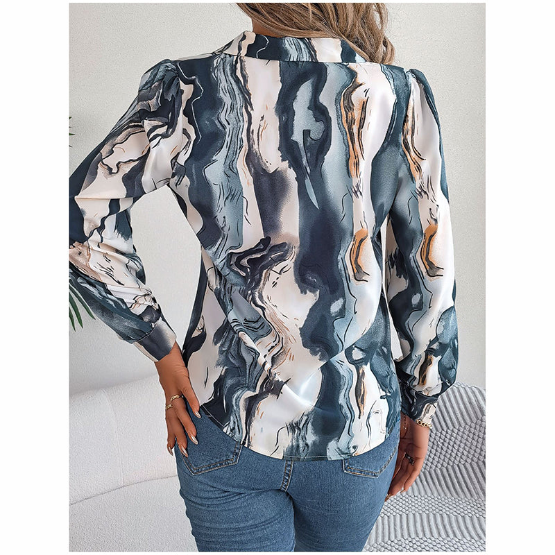 Printed Button Down Shirt - Women's Fall Tops With V Neck & Long Sleeves