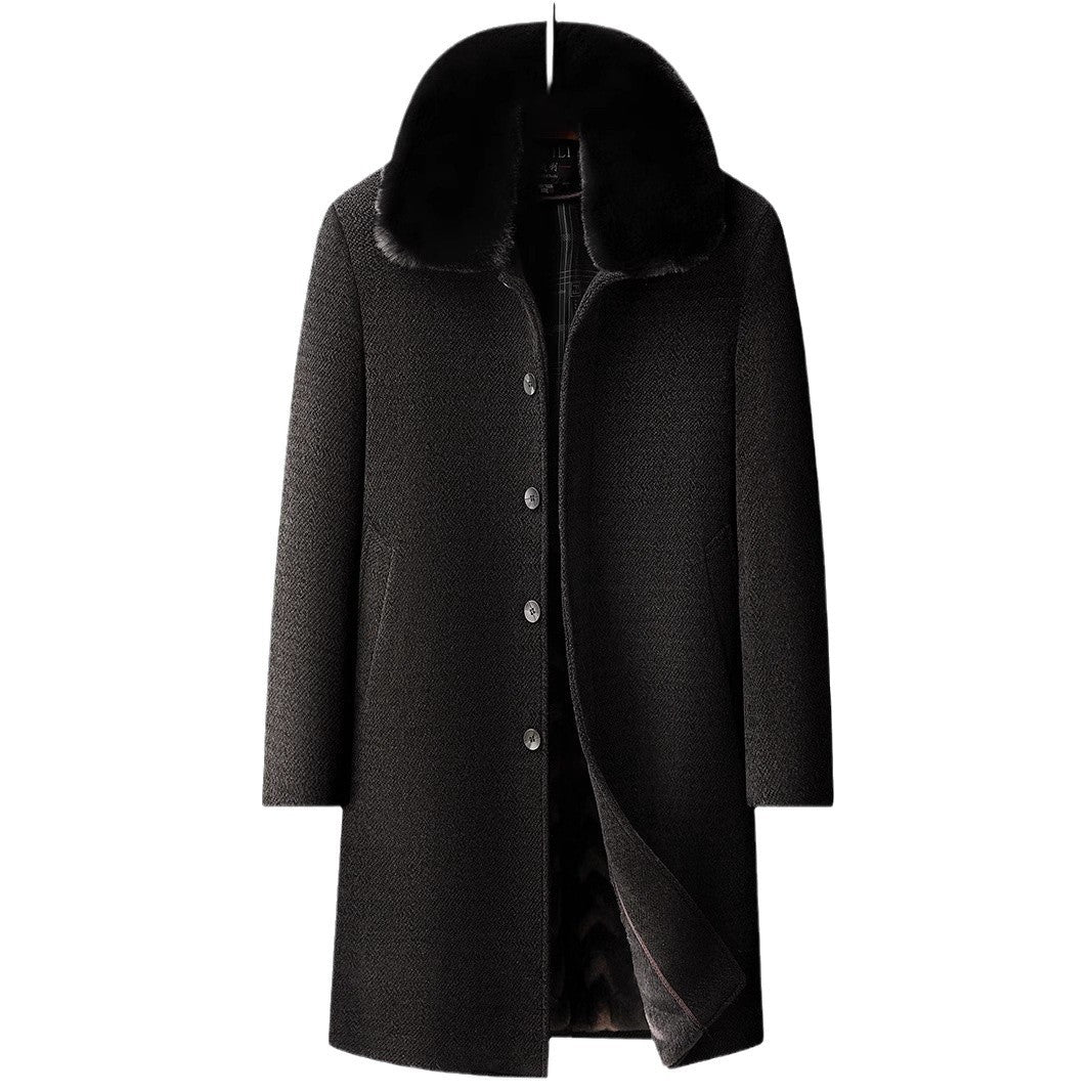 Men's long black wool coat with fur collar and button closure on white background