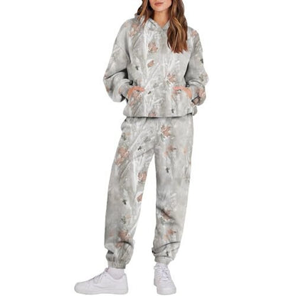 Camouflage Sports Set - Women's Loose Fit Tracksuit With Hooded Sweatshirt & Pants