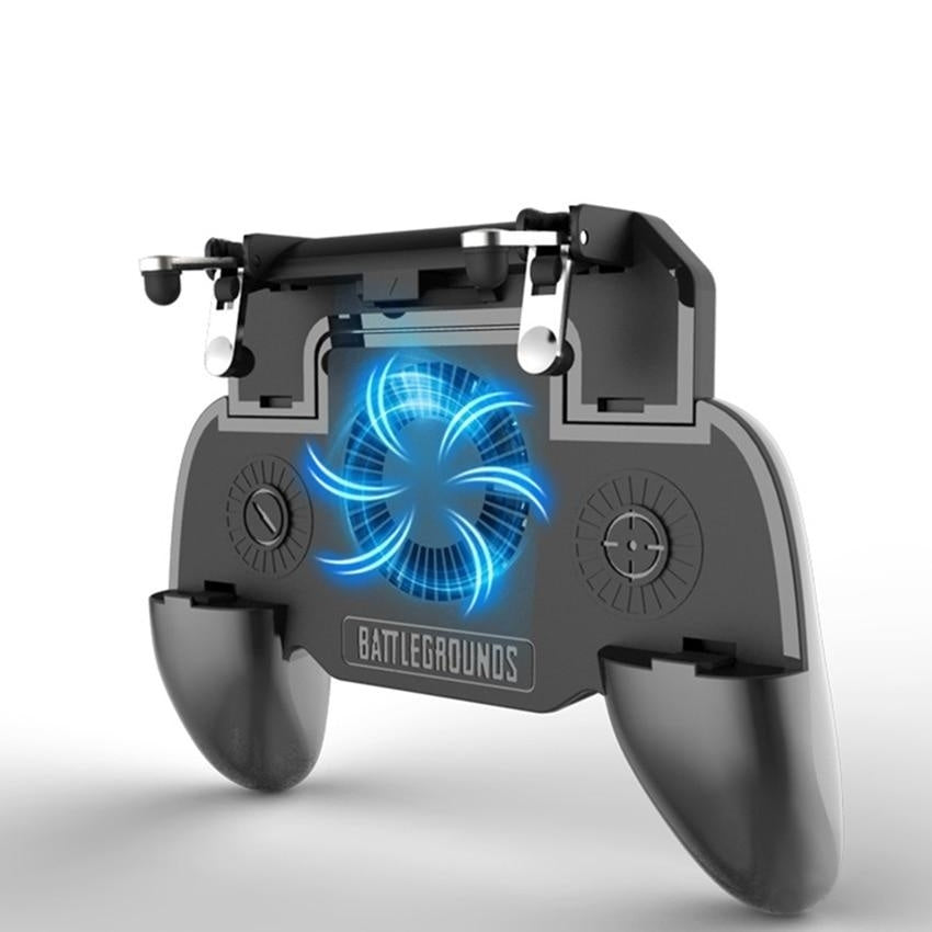 Black mobile game controller with cooling fan and adjustable triggers for Battlegrounds gaming