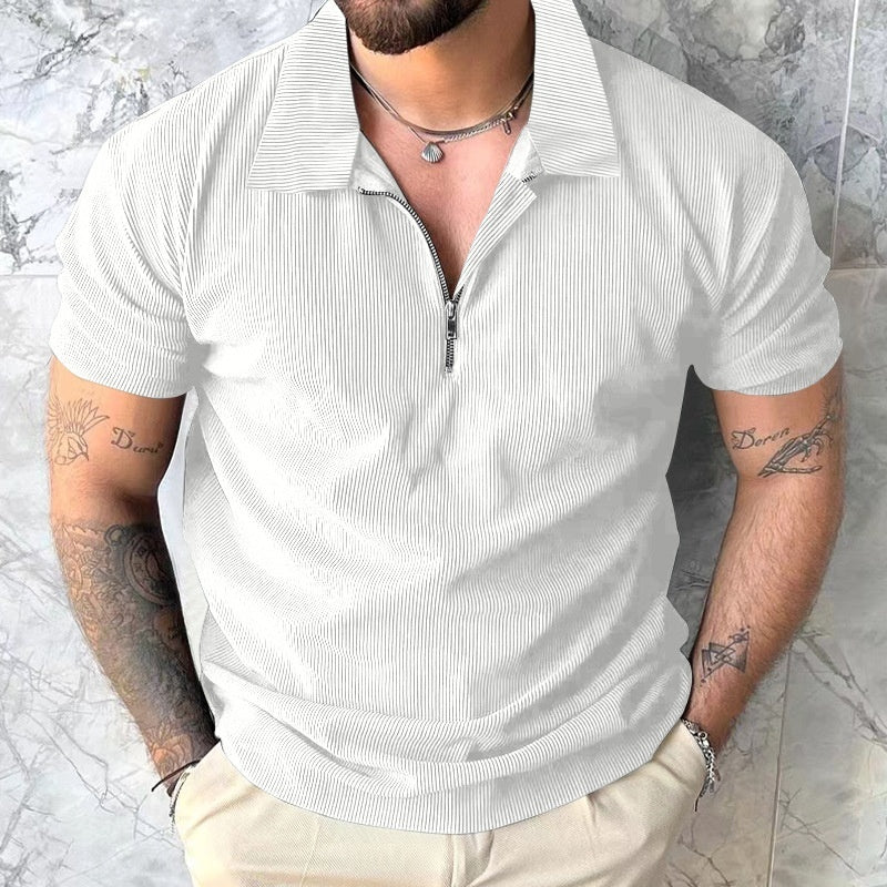 Men's Zipper Polo Shirt - Short Sleeve Solid Color Polyester Casual Top