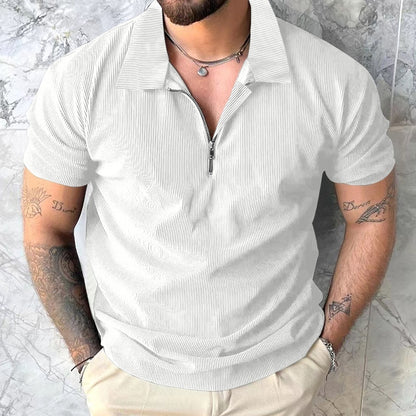Men's Zipper Polo Shirt - Short Sleeve Solid Color Polyester Casual Top
