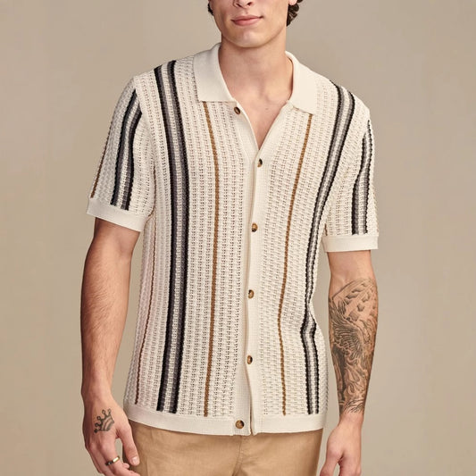 Men's Polo Cardigan - Casual Striped Knitted Short Sleeve British Style Top