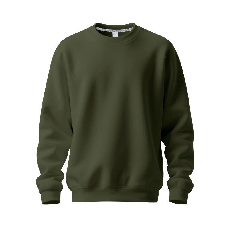 Plain olive green crewneck sweatshirt with long sleeves and ribbed cuffs on white background