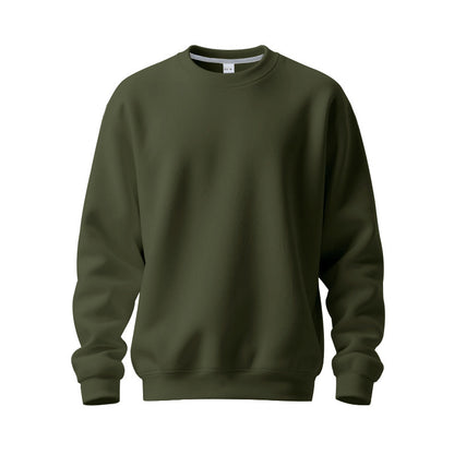 Plain olive green crewneck sweatshirt with long sleeves and ribbed cuffs on white background