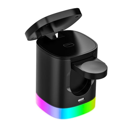 Black wireless earbuds charging case with open lid and RGB LED light base