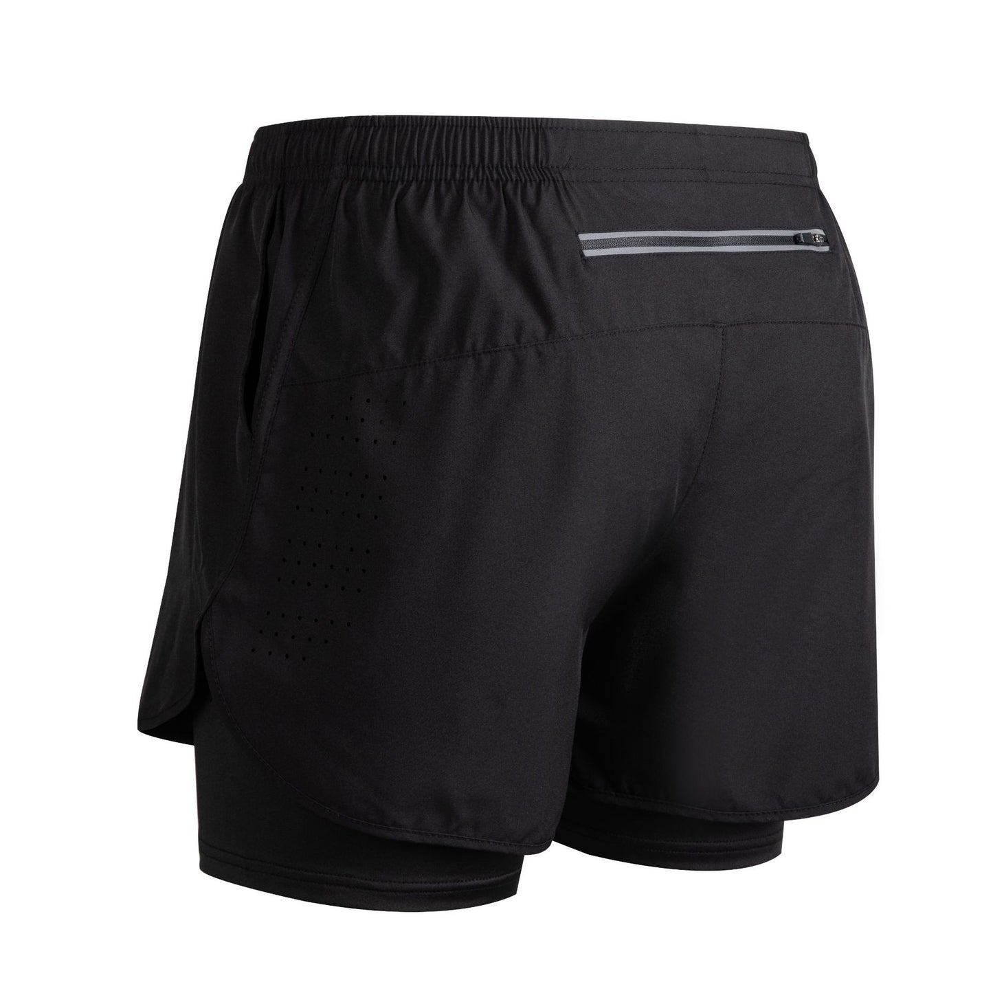 Black men's athletic running shorts with inner compression layer and zippered back pocket