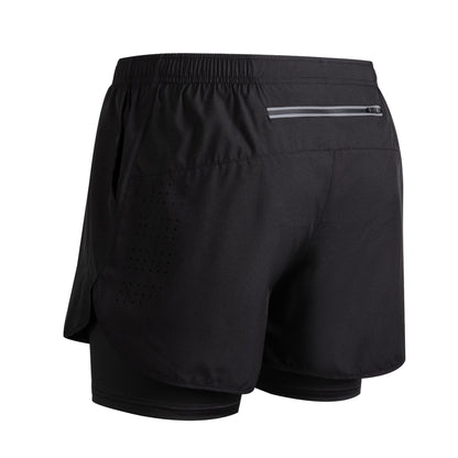 Black men's athletic running shorts with inner compression layer and zippered back pocket