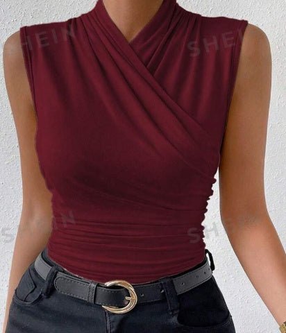 Summer Sleeveless Tank - Women's Solid Color Crisscross Pleated Top