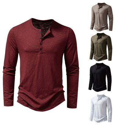 Mens long sleeve henley shirts in burgundy, beige, olive, black, and white colors with button collar