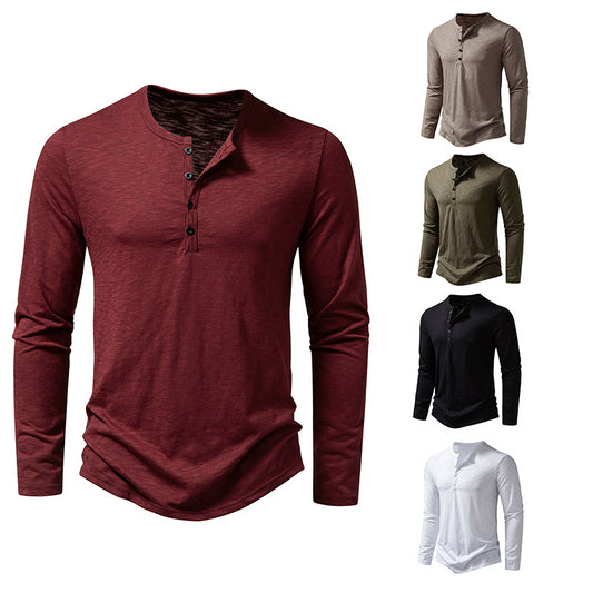 Mens long sleeve henley shirts in burgundy, beige, olive, black, and white colors with button collar
