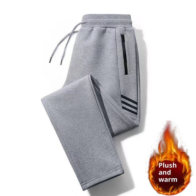 Gray plush fleece sweatpants with zippered pockets and drawstring waist for warmth