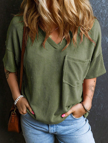 Two-Tone Pullover Top - Women's Summer V-Neck Blouse With Pocket