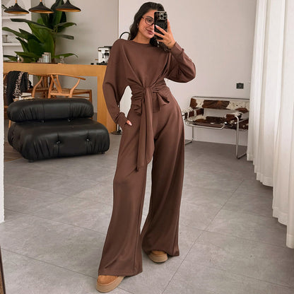 Waist-Tied Ribbon Pants Casual Suit - Comfortable Polyester Lounge Wear
