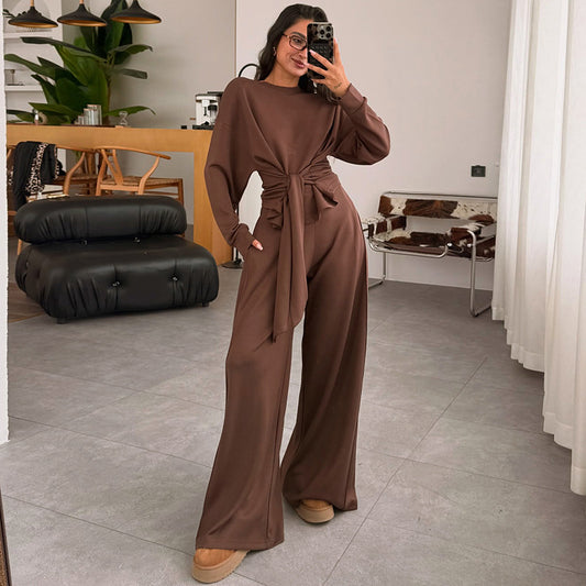 Waist-Tied Ribbon Pants Casual Suit - Comfortable Polyester Lounge Wear