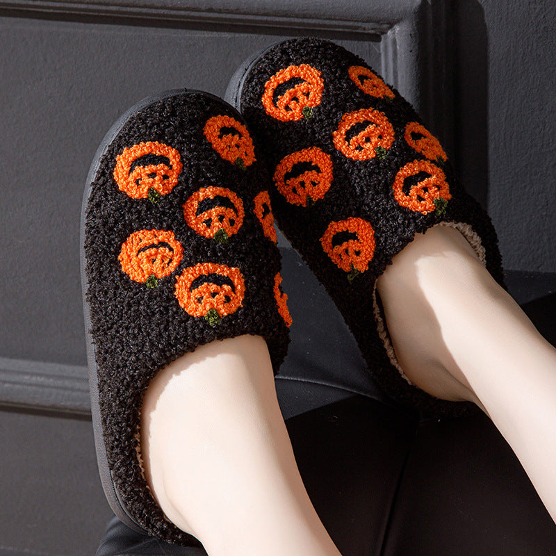 Halloween Slippers Women – Cozy Pumpkin Print Round Toe Indoor Shoes