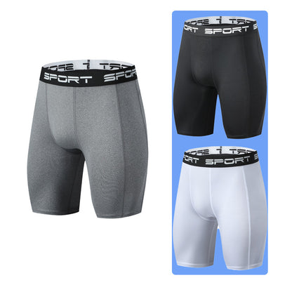 Men's compression sports shorts in gray, black, and white with elastic waistbands labeled SPORT