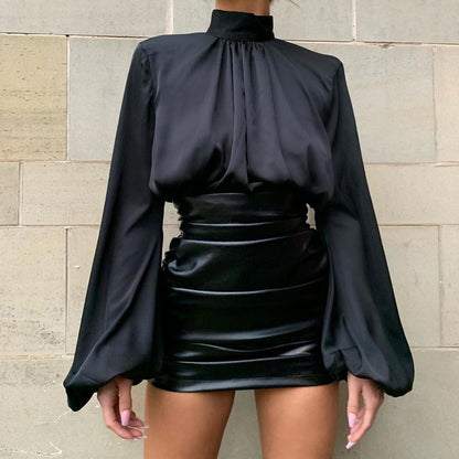Patent Leather Skirt - Women's Pleated Hip Skirt | Shiny Black PU Mini
