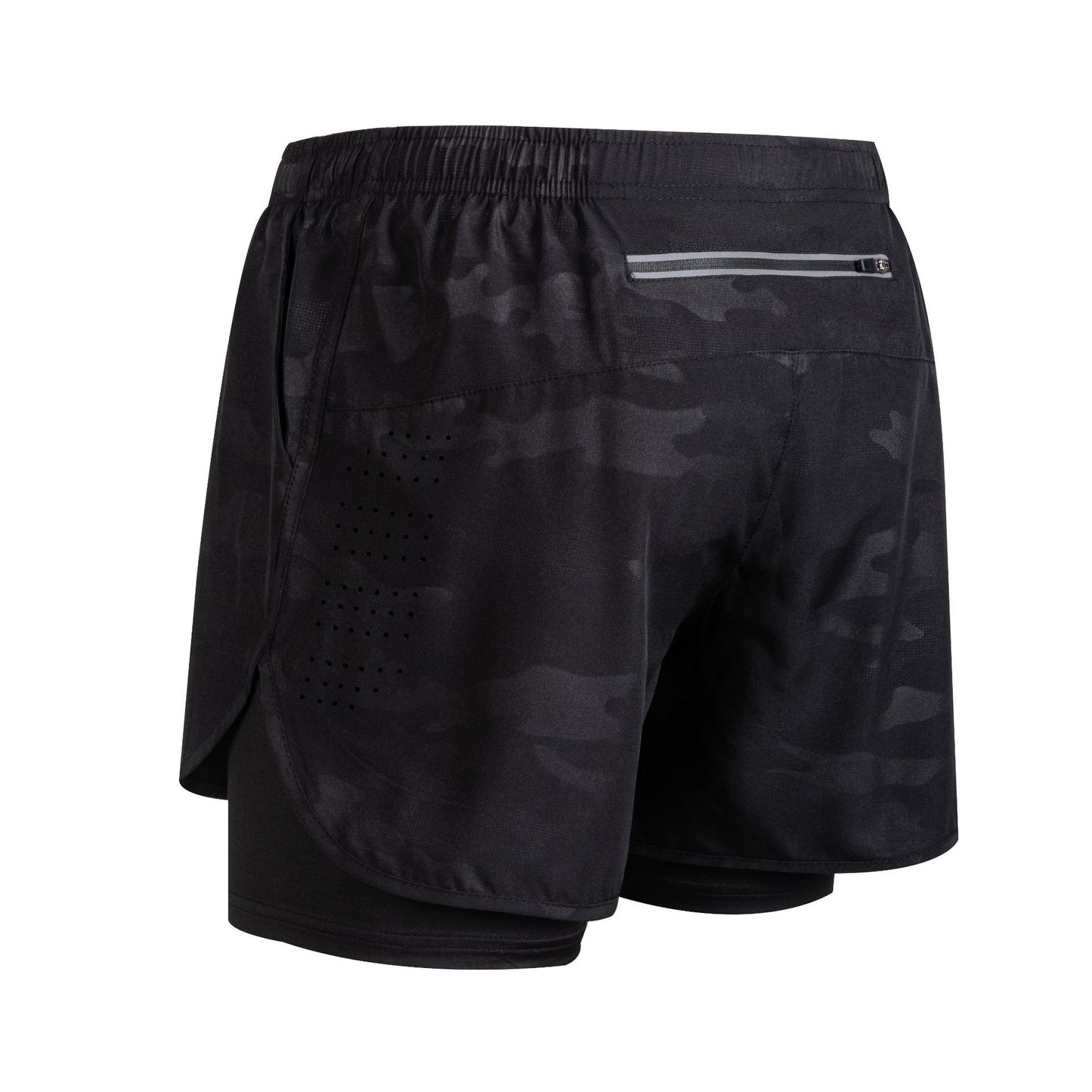 black camo men's athletic running shorts with elastic waistband and zip pocket on back