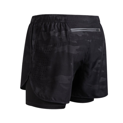 black camo men's athletic running shorts with elastic waistband and zip pocket on back