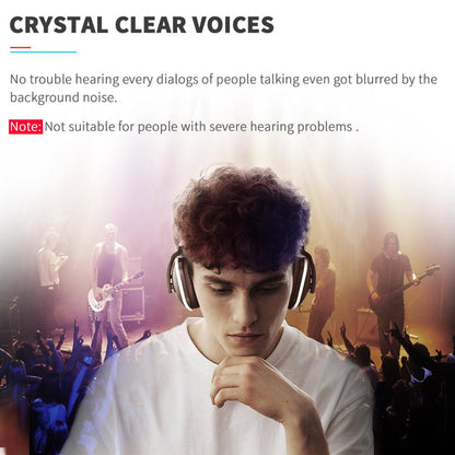 Young man in headphones enjoying clear sound at live concert with band and crowd
