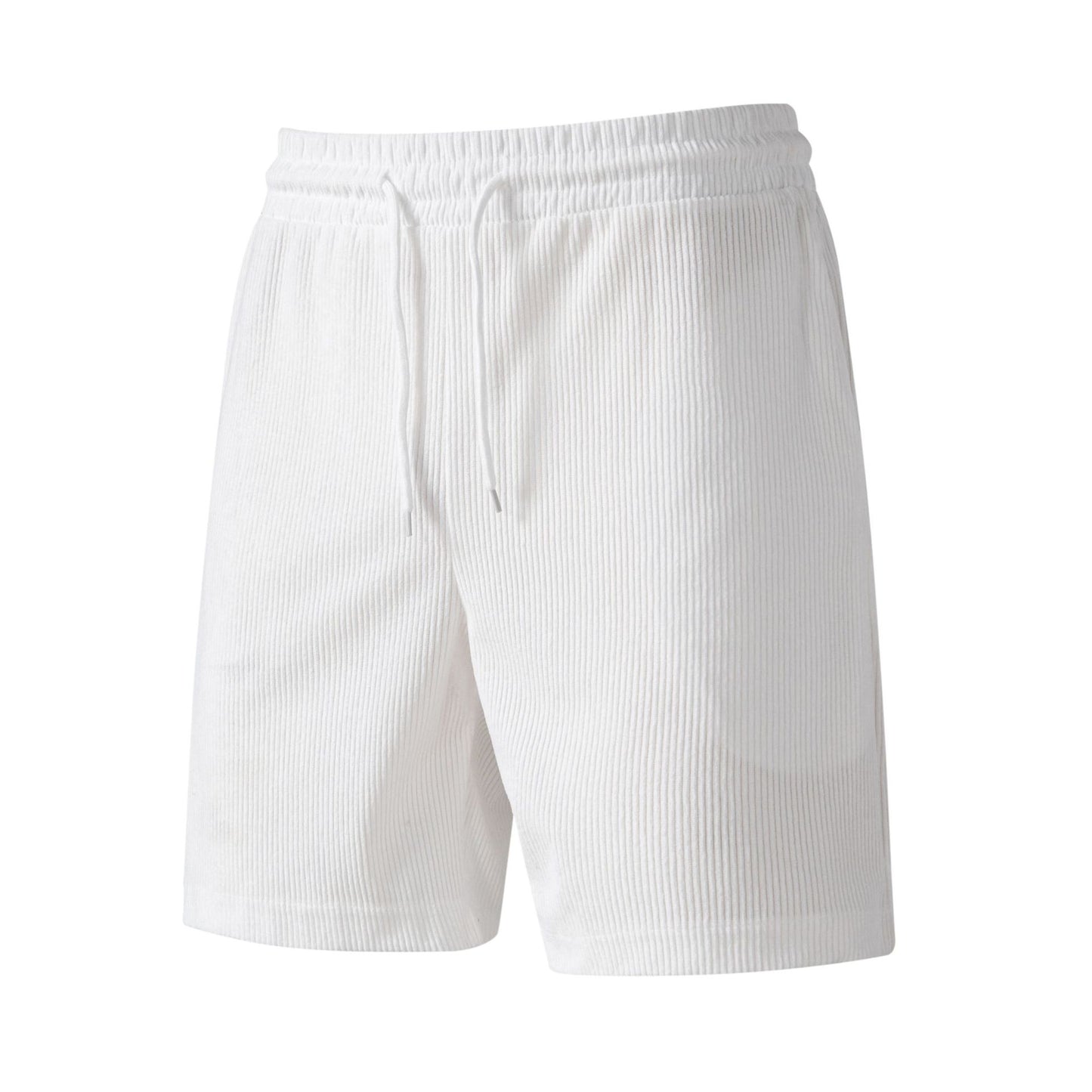 White ribbed fabric casual shorts with elastic waistband and drawstring