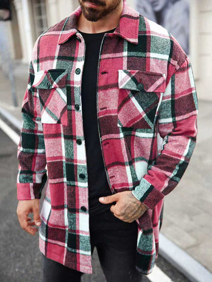 Man wearing red black white plaid flannel jacket with large pockets over black shirt