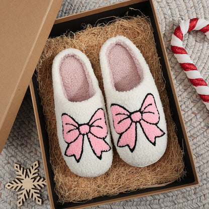 Cotton Slippers Women | Cute Bow Plush Non Slip Indoor Shoes With Soft Wool