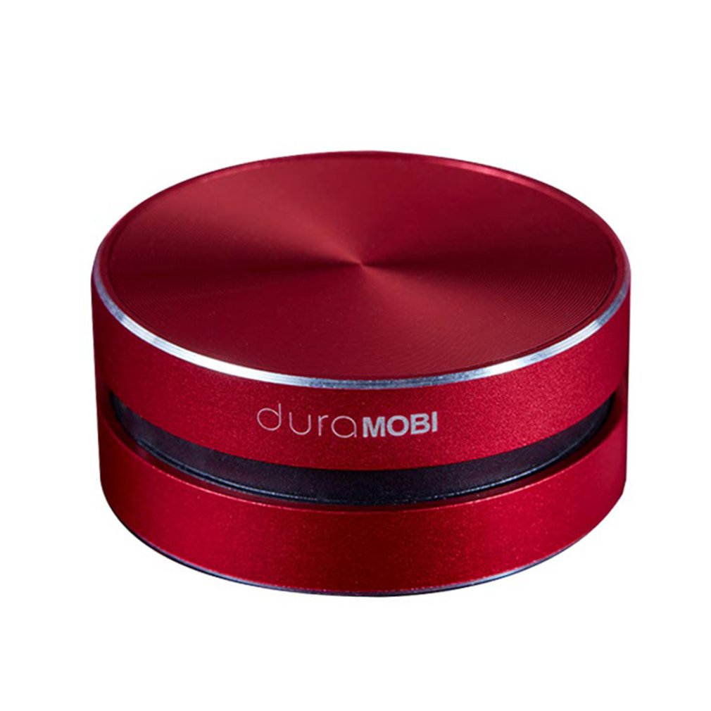 Red duraMOBI portable Bluetooth speaker with metallic finish and compact round design