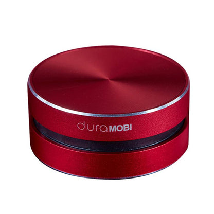 Red duraMOBI portable Bluetooth speaker with metallic finish and compact round design