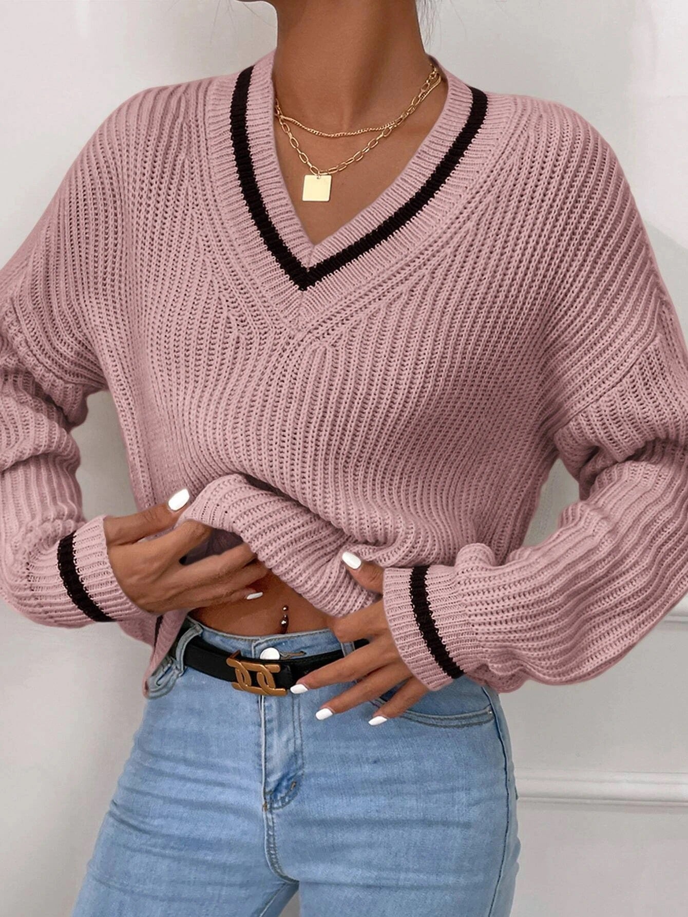 Cable Knit Sweater Women’s Winter V Neck Striped Pullover Top – Cozy Casual Jumper