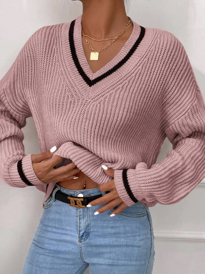 Cable Knit Sweater Women’s Winter V Neck Striped Pullover Top – Cozy Casual Jumper
