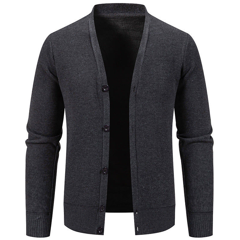 Dark gray men's button-up cardigan sweater with ribbed cuffs and hem