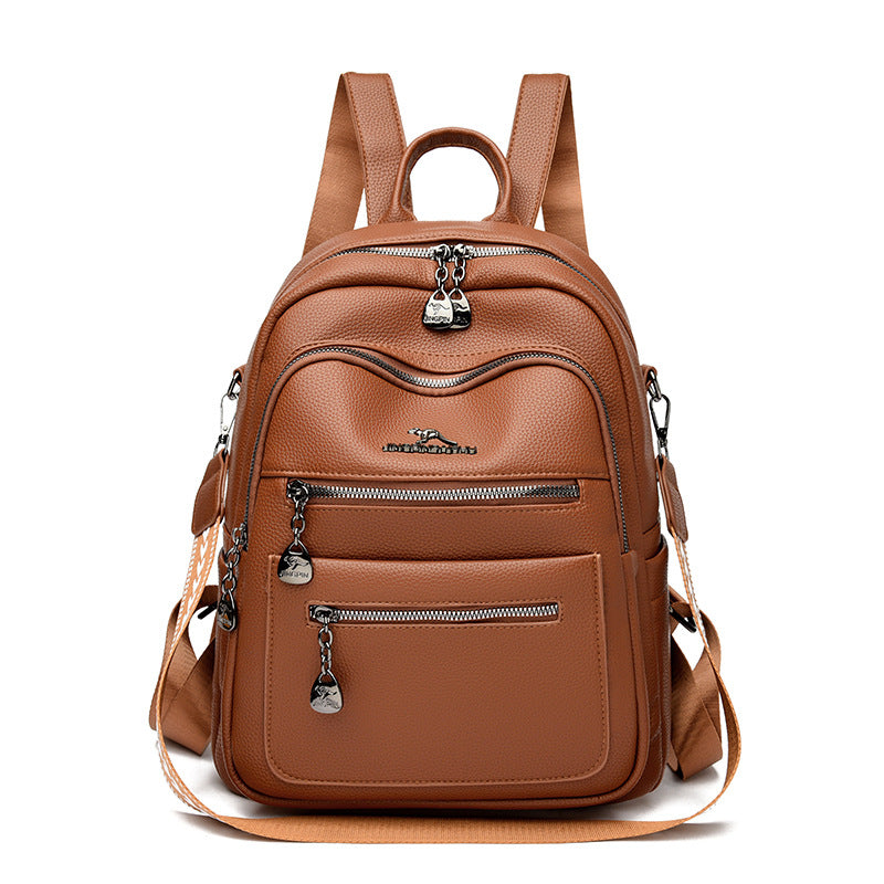 Brown leather backpack with multiple zippered pockets and adjustable shoulder straps
