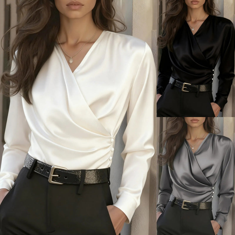 Women's Elegant Cross V-Neck Blouse, Ruffle Detail Button Accent Office Shirt For Casual Wear