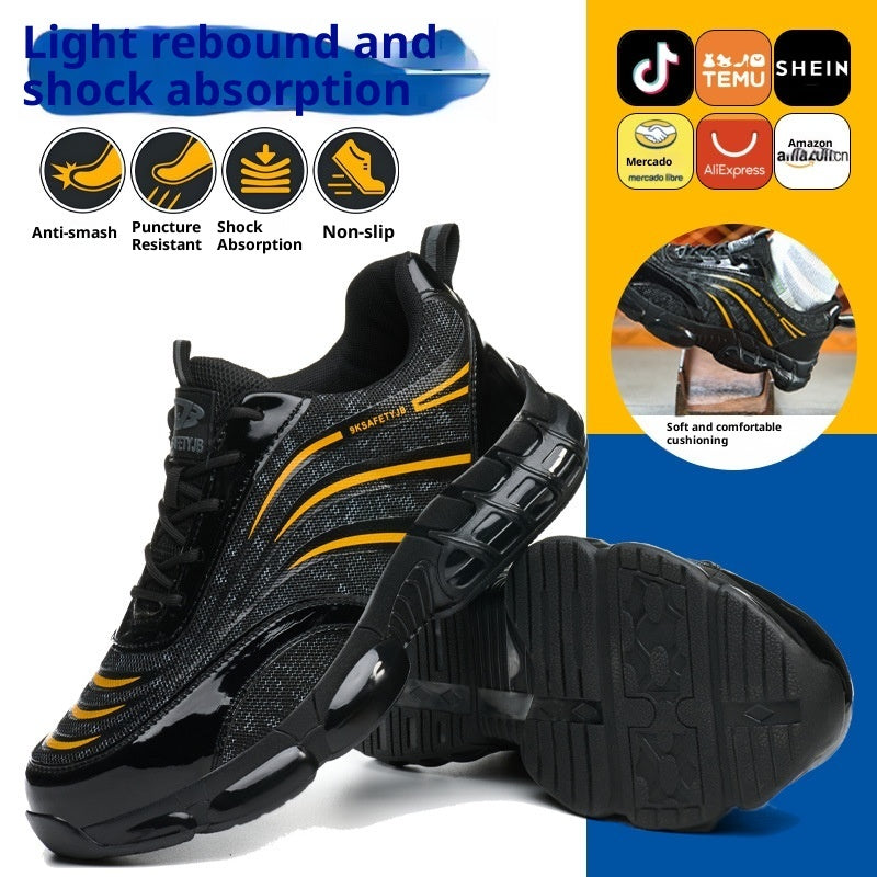 Black and yellow safety shoes with anti-smash, puncture resistant, shock absorption, and non-slip sole