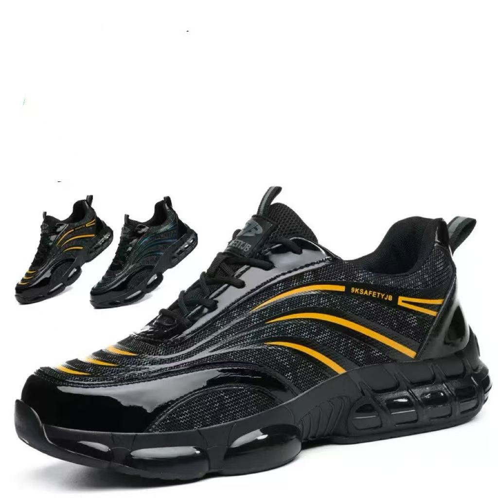 Black safety shoes with yellow stripes and durable sole, breathable mesh design